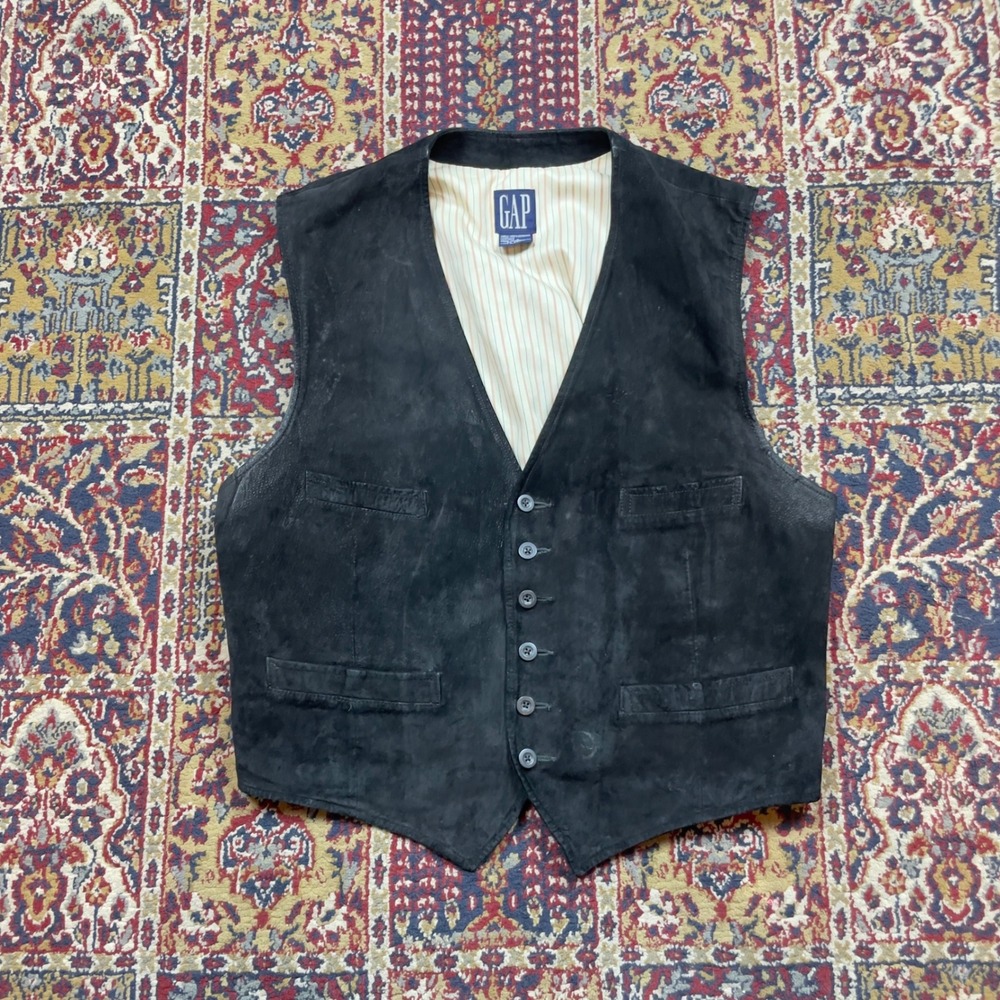 VTG 90s Gap Black Suede Leather Vest Waistcoat Buckle Back Pinstripe Lined XL